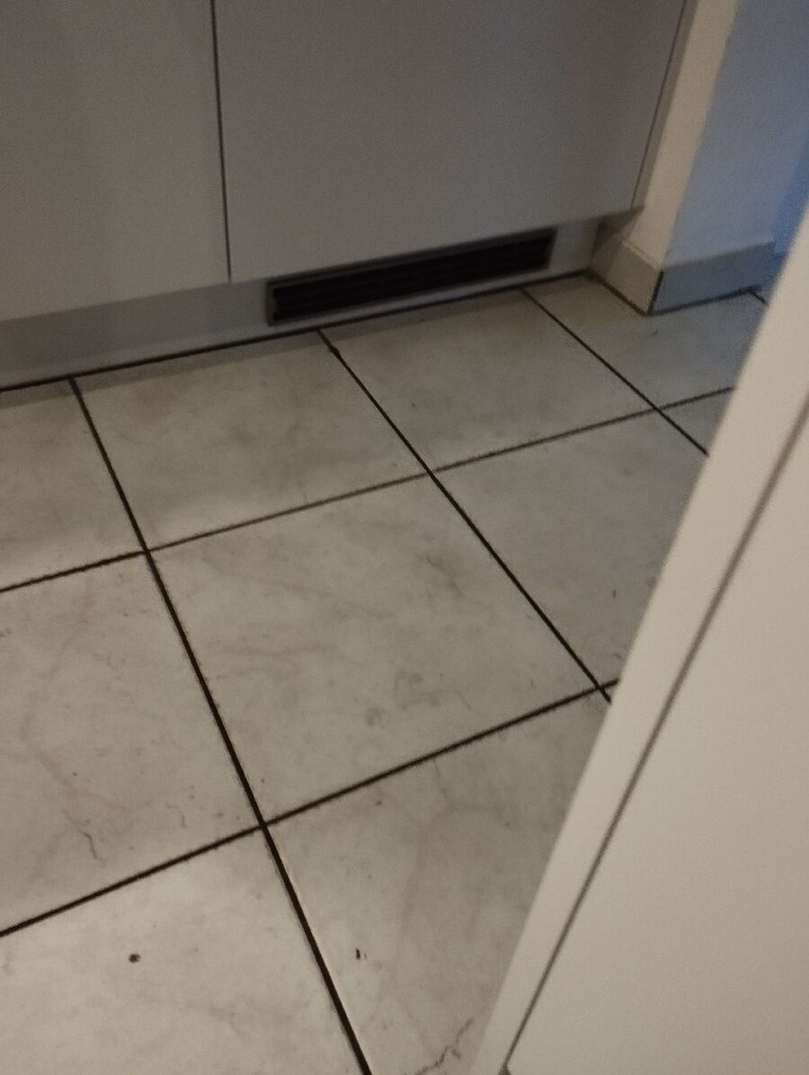 In der Kueche von Neuheim (6345, Kanton Zug), sind am Boden vor einer Lüftungsöffnung dunkle Partikel als Hinweis auf Insekten erkennbar.