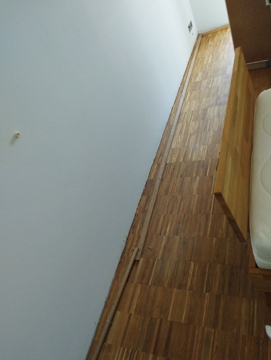 An einer Wand in Risch (6343, Kanton Zug), wurde die Fussleiste entfernt, wodurch Spuren sichtbar sind, die auf Insektenbefall hinweisen.