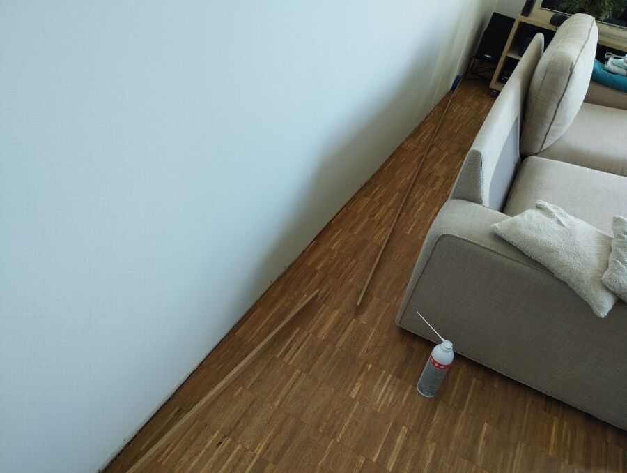 An einer Wand in Unterägeri (6314, Kanton Zug), wurde die Fussleiste entfernt, um den Zugang zu einem moeglichen Wespennest freizulegen.