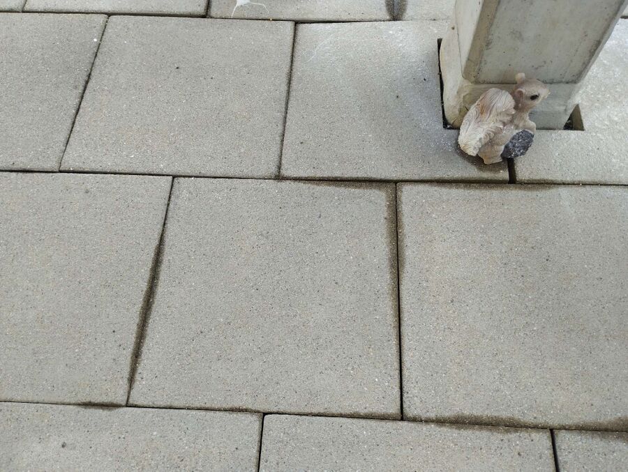 Zwischen den Platten einer Terrasse in Menzingen (6313, Kanton Zug), ist nahe einer Stuetze ein Spalt erkennbar, wo sich ein Wespennest befinden koennte.