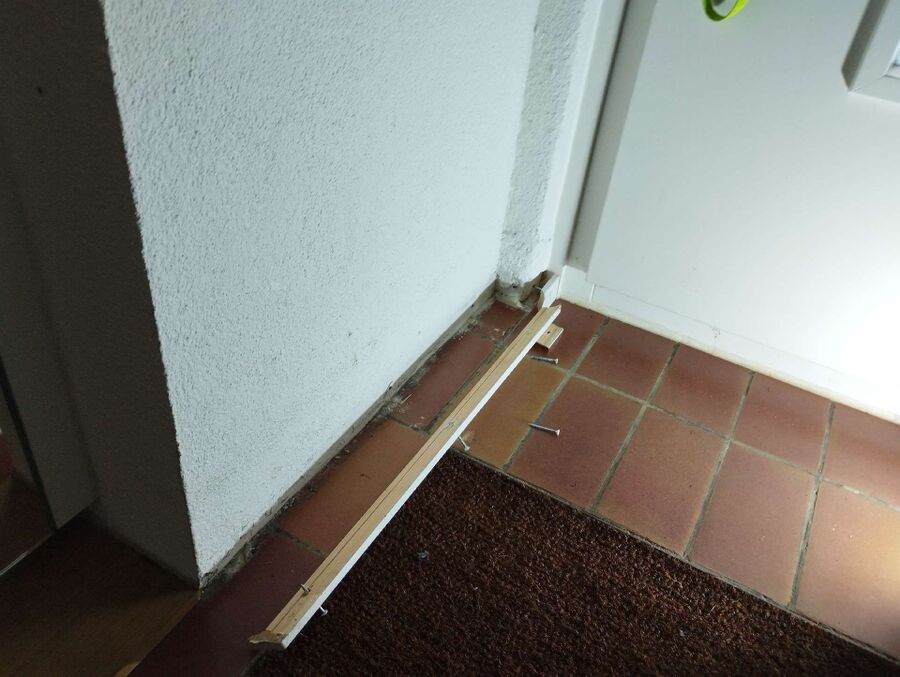 An einer Eingangstuer in Walchwil (6318, Kanton Zug), wurde die Fussleiste entfernt, um den Zugang zu einem moeglichen Wespennest freizulegen.