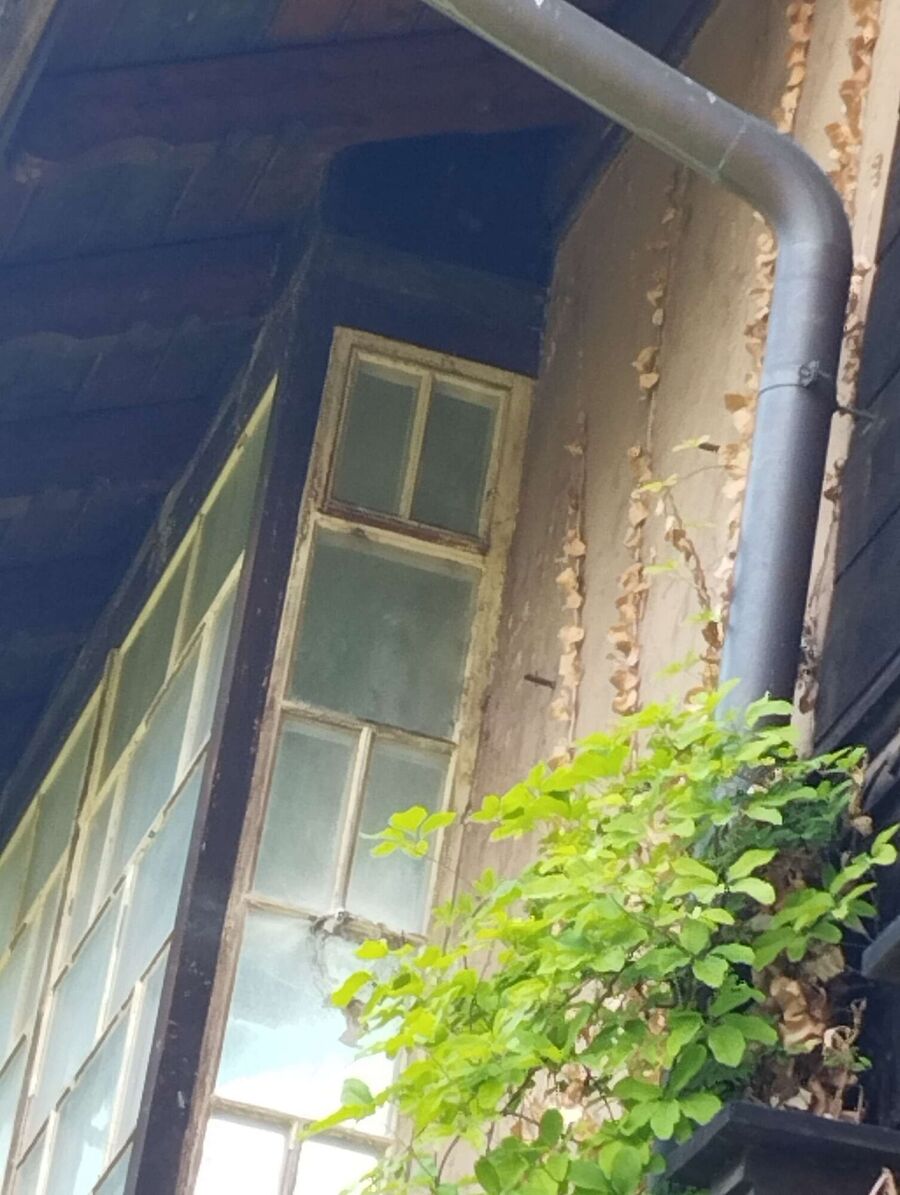 Unter dem Dach eines alten Hauses in Steinhausen (6312, Kanton Zug), ist ein Bereich erkennbar, an dem ein Wespennest befestigt sein koennte.