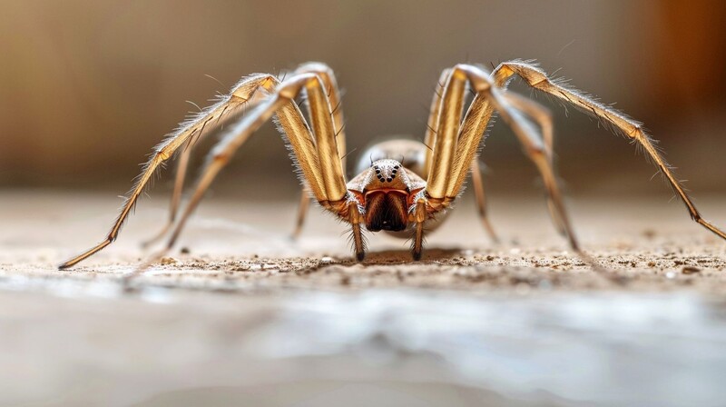 Eine grosse Spinne mit langen behaarten Beinen ist in Cham (6330, Kanton Zug), in Nahaufnahme auf dem Boden zu sehen.